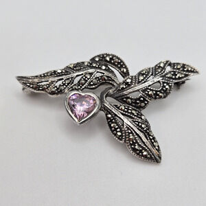 Sterling Silver Heart Brooch Pink Cubic Zirconia Marcasite Classic Dainty Twee